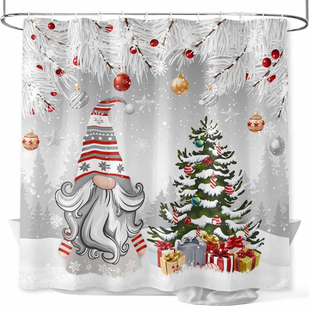 Vandarllin Christmas Gnome Shower Curtain, Winter Merry Christmas Tree Balls Shower Curtains Set with Hooks, Grey Waterproof Fabric Bathroom Curtains Decor Home Accessories,Stall 36 X 72 Inch