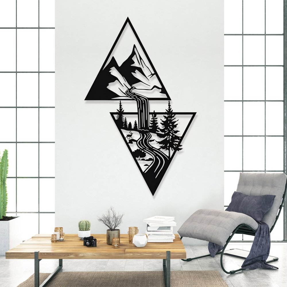 Metal Mountain Wall Art, River Metal Wall Decor With Pine Trees in Forest, triangle mountain wall art, Mountain Scene Metal Wall Art, Nature Wall Art, Living Room Decor, Wall Hangings (Black, 59"x37" | 150x94cm)