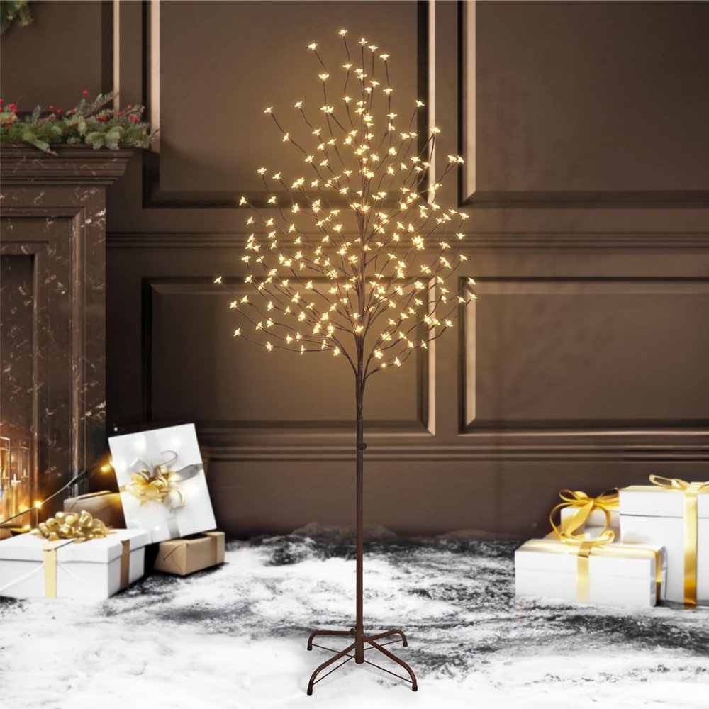 Fencer Wire 6 Feet Premium Full Artificial Cherry Blossom Tree w/ 208 LED Lights, Adjustable Brown Branches & Foldable Stand, Fake Sakura Tree w/Lights for Indoor, Lighted Faux Cherry Blossom Tree