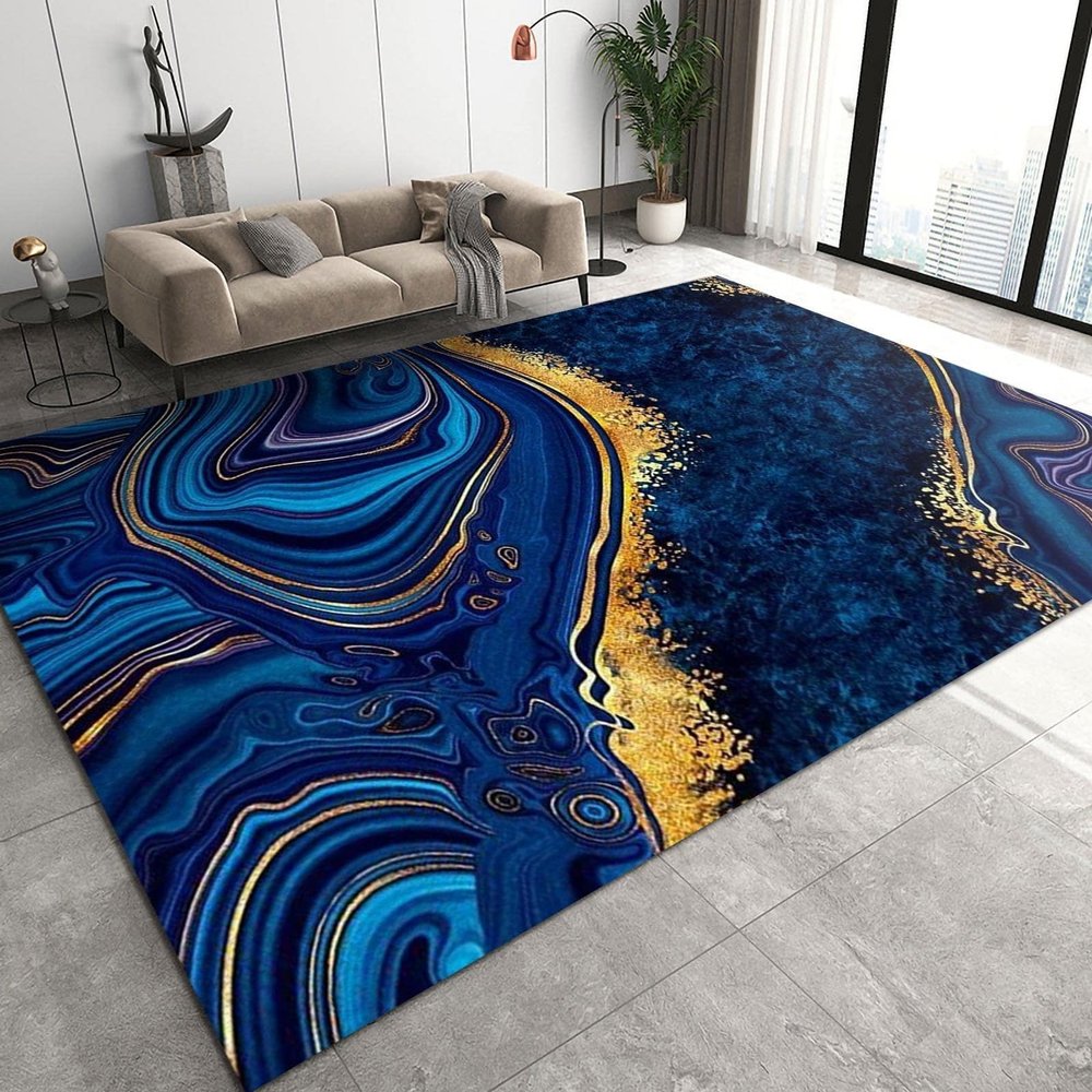 Classic Royal Blue Marble Area Rugs, Luxury Gold Splashed Ink Indoor Non-Slip Kids Rugs, Machine Washable Breathable Durable Carpet for Front Entrance Floor Decor5x6ft