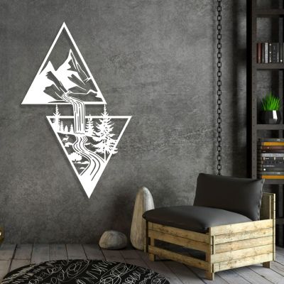 Metal Mountain Wall Art, River Metal Wall Decor With Pine Trees in Forest, triangle mountain wall art, Mountain Scene Metal Wall Art, Nature Wall Art, Living Room Decor, Wall Hangings (White, 43"x27" | 110x69cm)