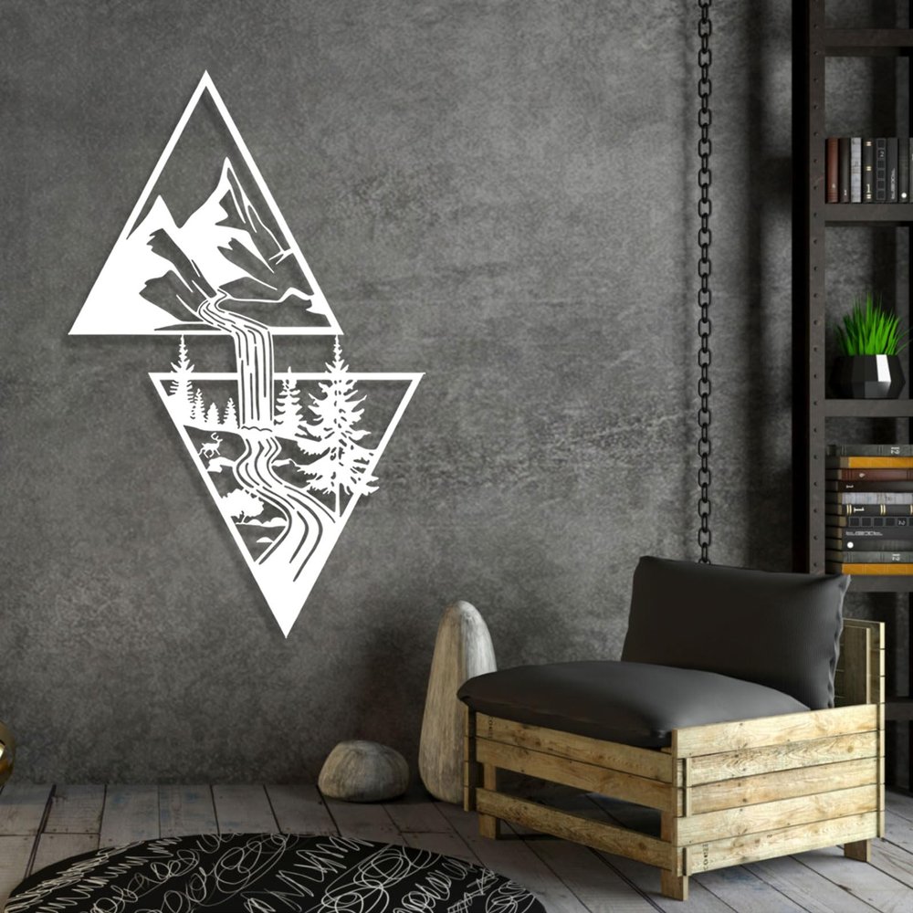 Metal Mountain Wall Art, River Metal Wall Decor With Pine Trees in Forest, triangle mountain wall art, Mountain Scene Metal Wall Art, Nature Wall Art, Living Room Decor, Wall Hangings (White, 43"x27" | 110x69cm)
