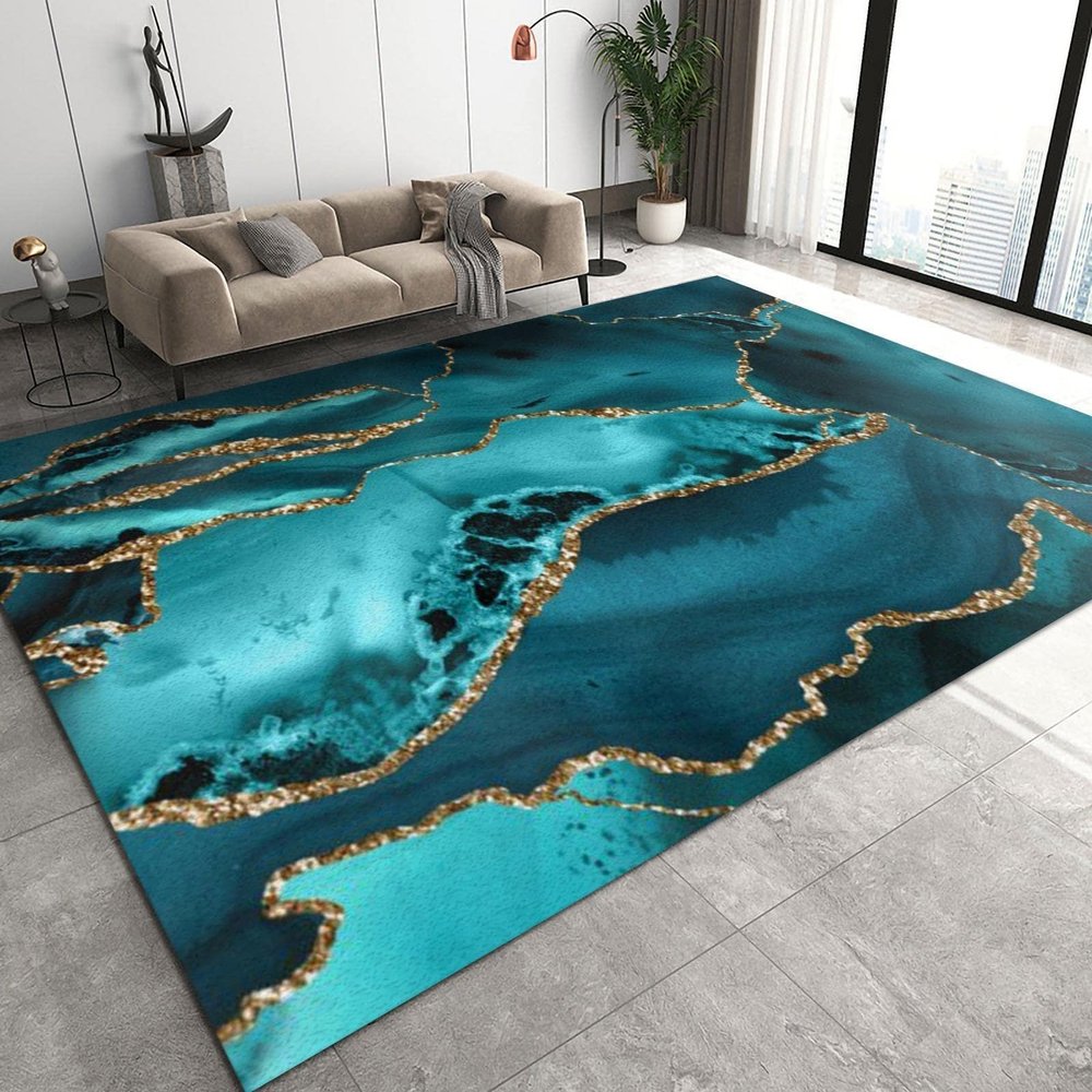 Turquoise Gold Edge Marble Area Rug, Nordic Light Luxury Indoor Non-Slip Kids Rugs, Machine Washable Breathable Durable Carpet for Front Entrance Floor Decor5x6ft