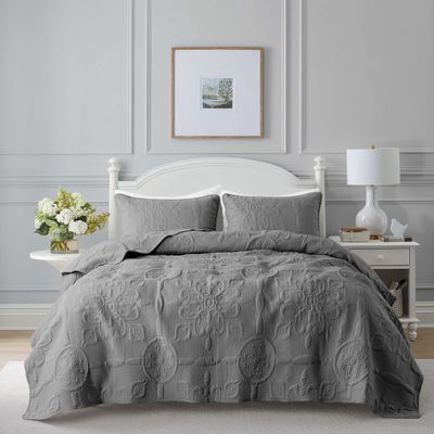 B2EVER Dark Grey Damask Quilt Twin Size Bedding Sets with 1 Pillow Sham, Boho Bedspread Lightweight Soft Farmhouse Vintage Bohemian Coverlet Retro Jacquard Pattern Bed Cover for All Season, 2 Pieces