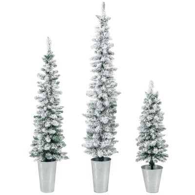 Goplus Set of 3 Artificial Snow Flocked Christmas Tree, 3' 4' 5' Slim Pencil Xmas Tree with Silver Metal Buckets, Faux Potted Christmas Trees for Front Porch Entrance Indoor Holiday Office Home Decor
