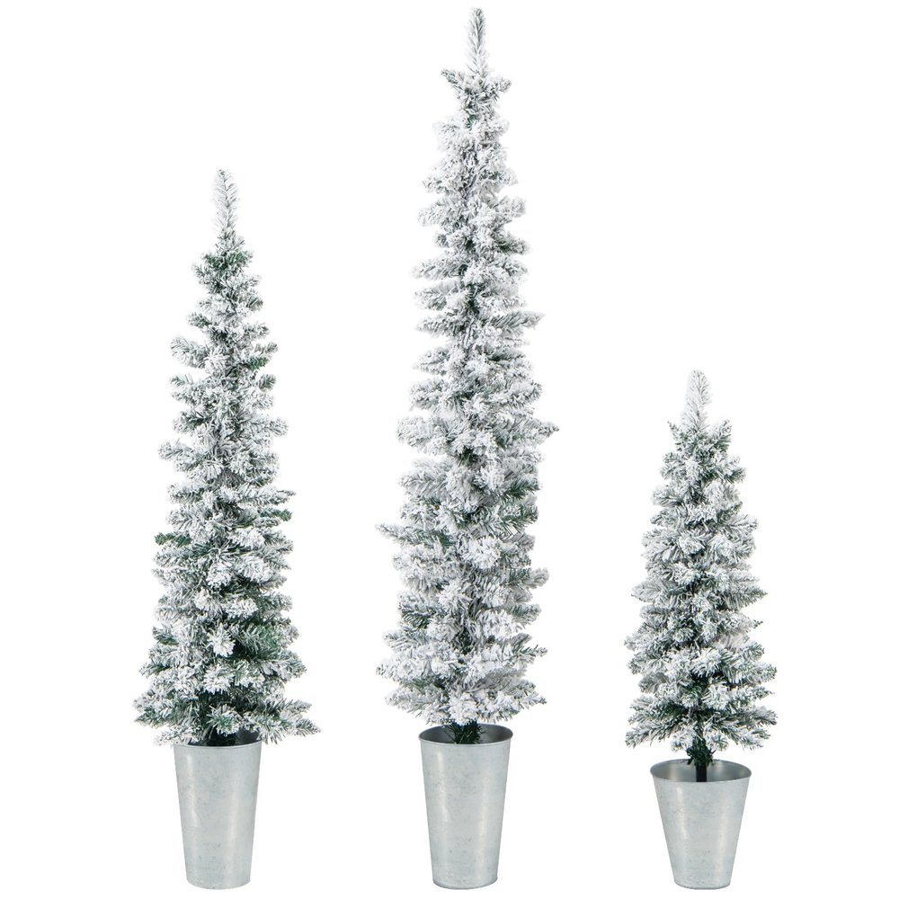 Goplus Set of 3 Artificial Snow Flocked Christmas Tree, 3' 4' 5' Slim Pencil Xmas Tree with Silver Metal Buckets, Faux Potted Christmas Trees for Front Porch Entrance Indoor Holiday Office Home Decor