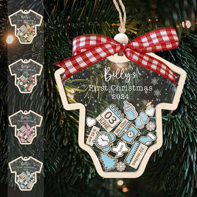 Babys First Christmas Ornament 2025 Boy Girl - Personalized Baby's 1st Christmas Ornament 2025 with Name, Birth Stats, Onesie Shaped, 4D Shaker Acrylic Plexiglass Layers with Wooden