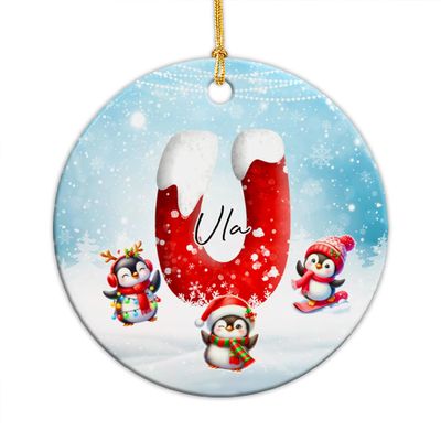 Initial Name U Christmas Ceramic Ornaments 2025, Personalized Alphabet U Xmas Ornament for Friends Family, Penguin Baby's Christmas Ornament, Customized Initial Name U Xmas Tree Decor for Newborn