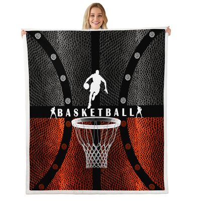 Kids Basketball Throw Blanket,Basketball Court Geometric Patch Bed Blanket,Boys Girls Adults Room Decor,Ball Sports Gaming Fleece Blanket,Orange Black Bright Fuzzy Blanket,Queen Size (90 x 90 Inches)