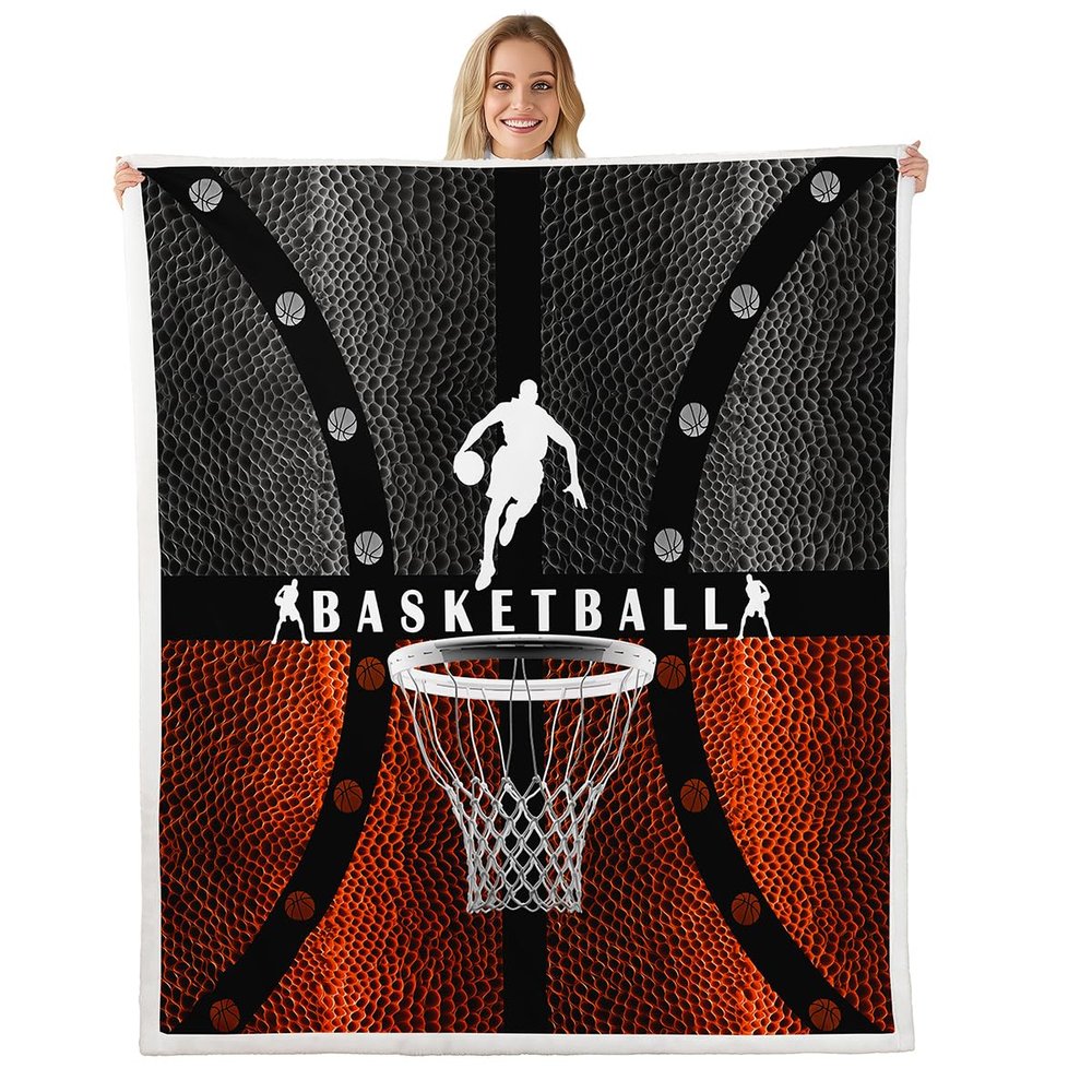 Kids Basketball Throw Blanket,Basketball Court Geometric Patch Bed Blanket,Boys Girls Adults Room Decor,Ball Sports Gaming Fleece Blanket,Orange Black Bright Fuzzy Blanket,Queen Size (90 x 90 Inches)