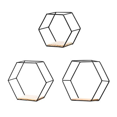 3Pcs Hexagonal Floating Shelves Wall Decor Modern Gold Hexagon Shelves for Wall Decorative Hexagon Metal Wire Storage Shelves Wall Mounted Floating Shelf Display Storage Rack for Bedroom Living(Black)