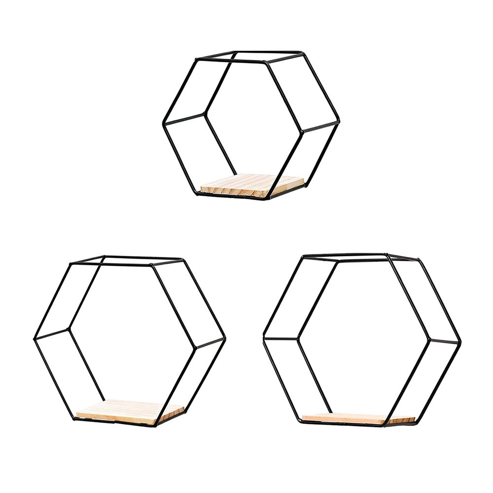 3Pcs Hexagonal Floating Shelves Wall Decor Modern Gold Hexagon Shelves for Wall Decorative Hexagon Metal Wire Storage Shelves Wall Mounted Floating Shelf Display Storage Rack for Bedroom Living(Black)