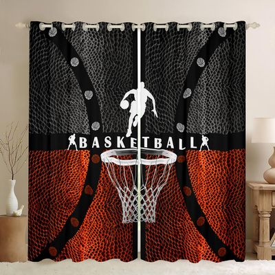 Kids Basketball Blackout Curtains,Basketball Court Geometric Patch Window Drapes for Boys Girls Adults,Ball Sports Gaming Orange Black Bright Window Treatments Grommet Top 2 Panel Set,52Wx63L inch