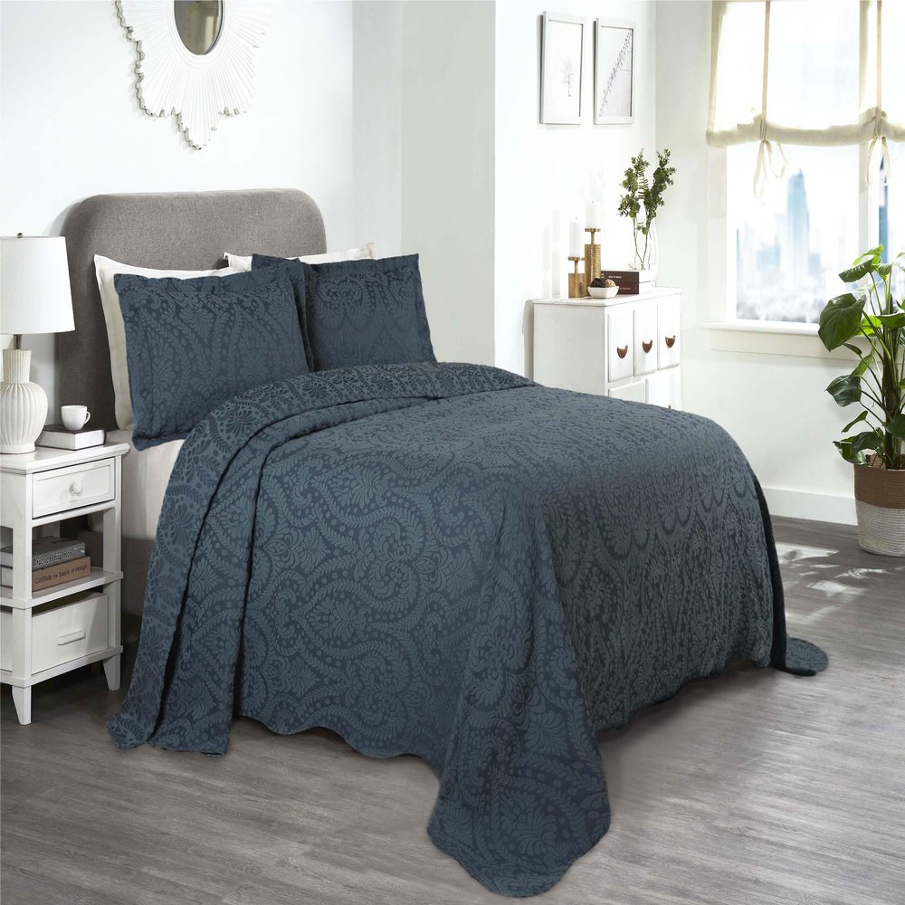 Superior Aspen Cotton Blend 2 Piece Bedspread Set, Oversized Bedspread, 1 Pillow Sham, Medium Weight Blanket, Home Bed Decor, Floral Scalloped, Matelasse Coverlet, Bedding Essential, Twin, Deep Sea