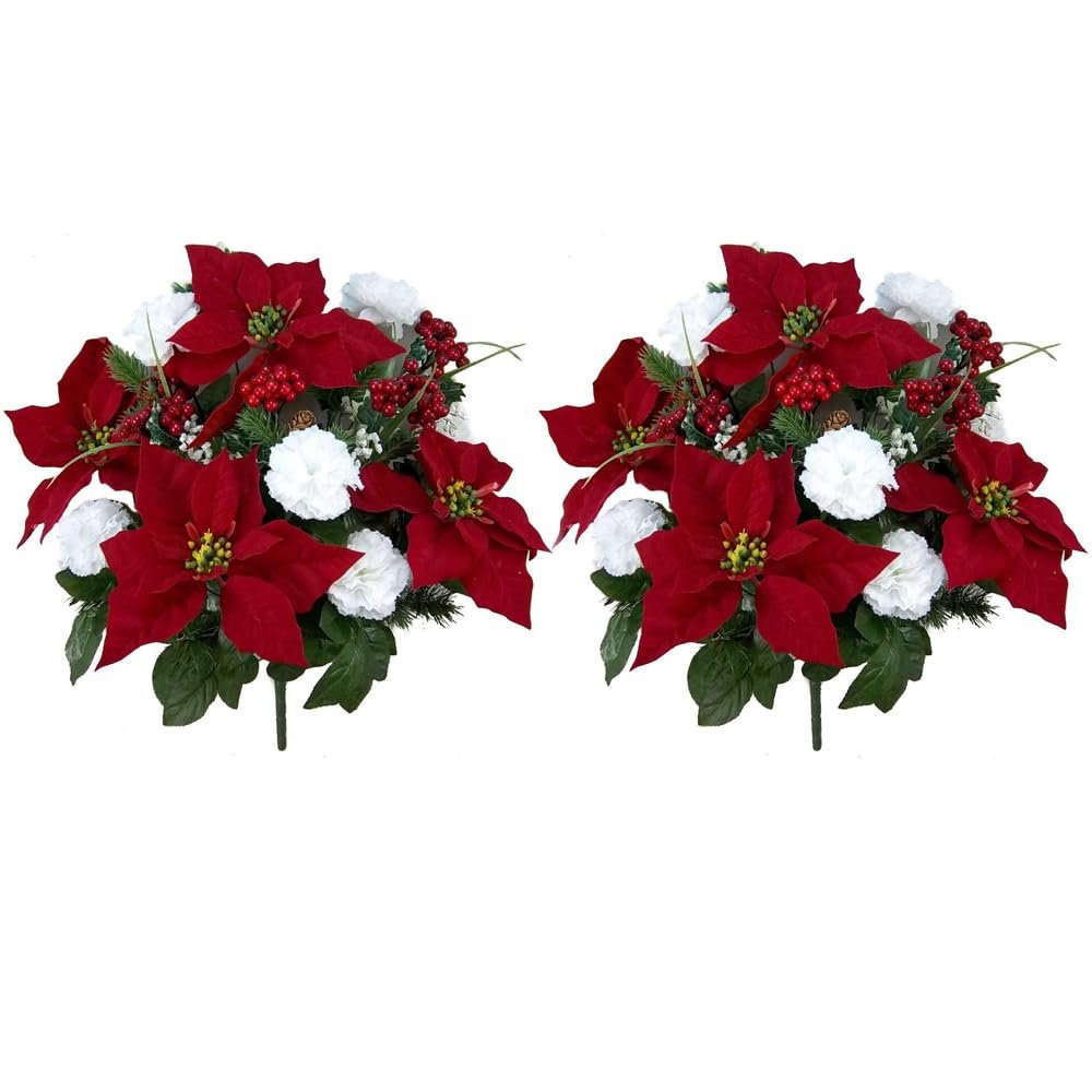 Admired By Nature 18 Stems Artificial Poinsettia Bouquet Fake Christmas Flower, Faux Velvet Poinsettia Carnation Christmas Bush For Home Decor, Holiday Bush, Indoor Floral, Cemetery Flowers, White/Red