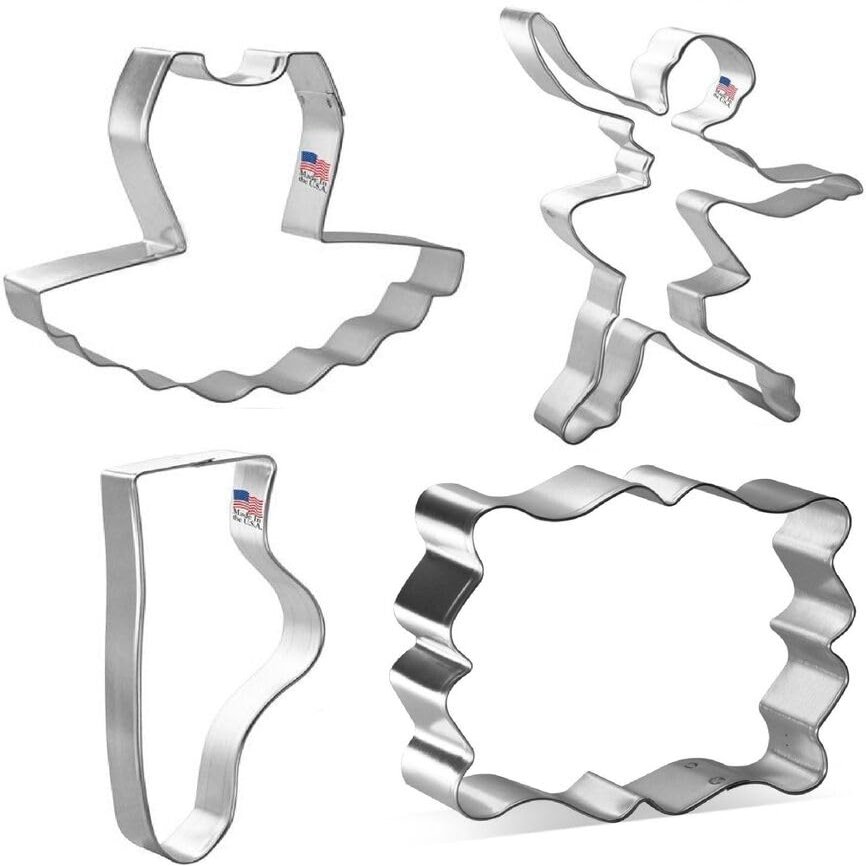(4Pcs) 4 Piece Ballet Tutu Slipper Ballerina Plaque Cookie Cutter Set Metal