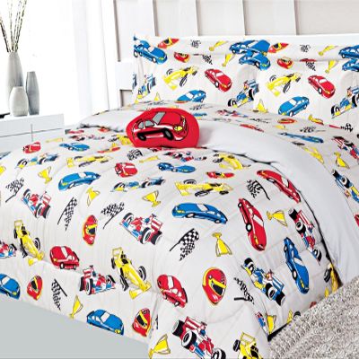 Twin/Full Kids Comforter Reversible Complete Bedding Set Girls Boys Toodler Patterned Sheets Set Pillow Sham and Decorative PillowSham (Racecar Red, Full)
