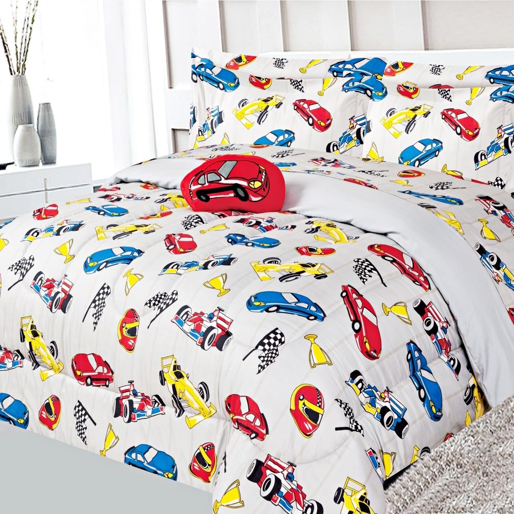 Twin/Full Kids Comforter Reversible Complete Bedding Set Girls Boys Toodler Patterned Sheets Set Pillow Sham and Decorative PillowSham (Racecar Red, Full)