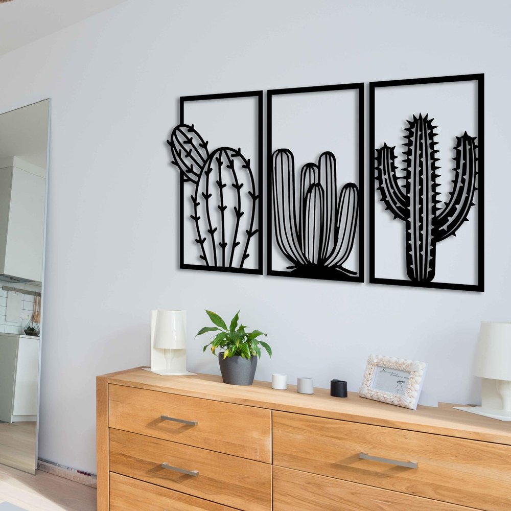 KAWA METALWORKS Cactus Plant Metal Wall Art, Set of 3 Metal Wall Decor for Living Room, Large Cactus Hangings Over the Bed, Desert Art Wall Sculpture (Small - 14" x 25.4" (H x W))
