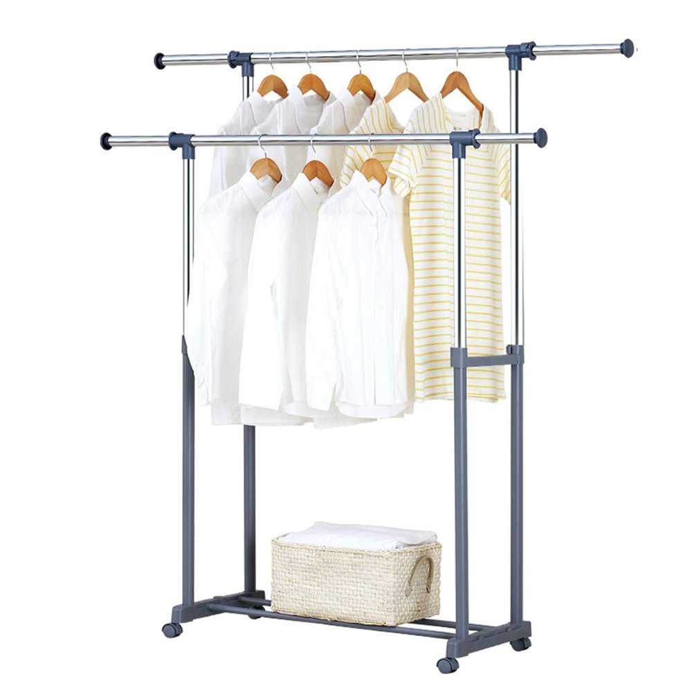 SOVORM Clothes Garment Rack, Retractable Double Rod Clothes Airer Folding with Shelf and Wheels Bedroom Indoor Balcony Drying Racks,Gray (Grey) The New