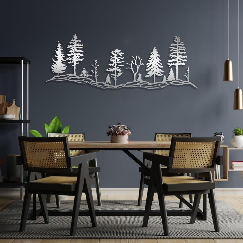 ICEWQOQU Metal Tree Hillside, Metal Wall Art, Nature Wall Sculpture, Metal Forest Wall Art, Metal Tree Wall Art Decor, Large Metal Wall Art, Home Decor (Silver, 11"x30"|28x76cm)
