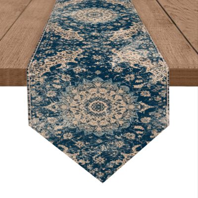 Antique Oriental Cotton and Linen Triangle Table Runners 36 Inches Long, Dresser Scarves Table Decoration for Wedding Party/Graduation Ceremony/Banquet 13x36 Vintage Blue Geometric Aesthetics Flower