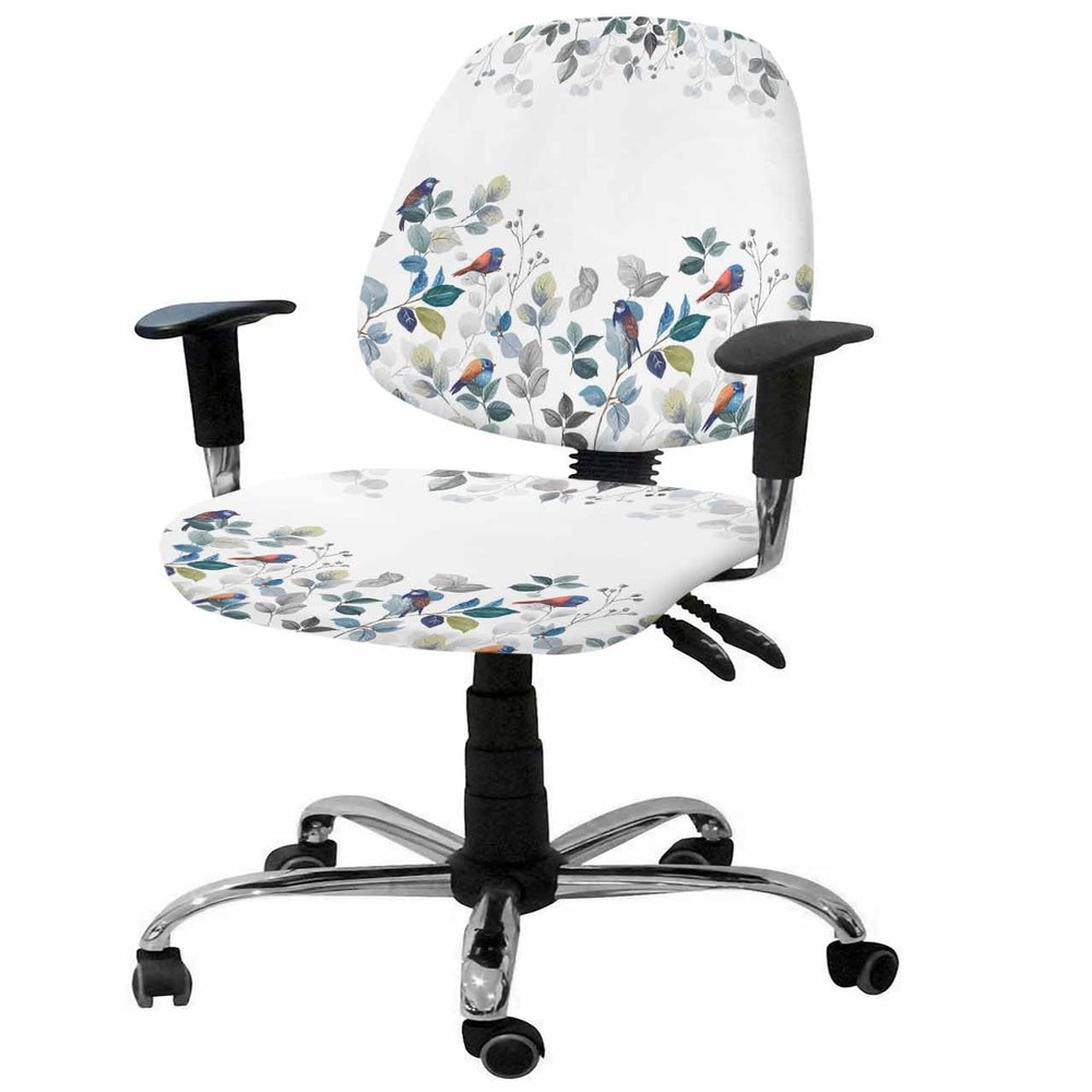 AMZRicher Blue Eucalyptus Office Chair Cover Stretchable Computer Chair Seat Cover Backrest Slipcovers, Stretchable Rotating Desk Chair Seat Cushion Split Protectors Country Rustic Grey Leaves Bird