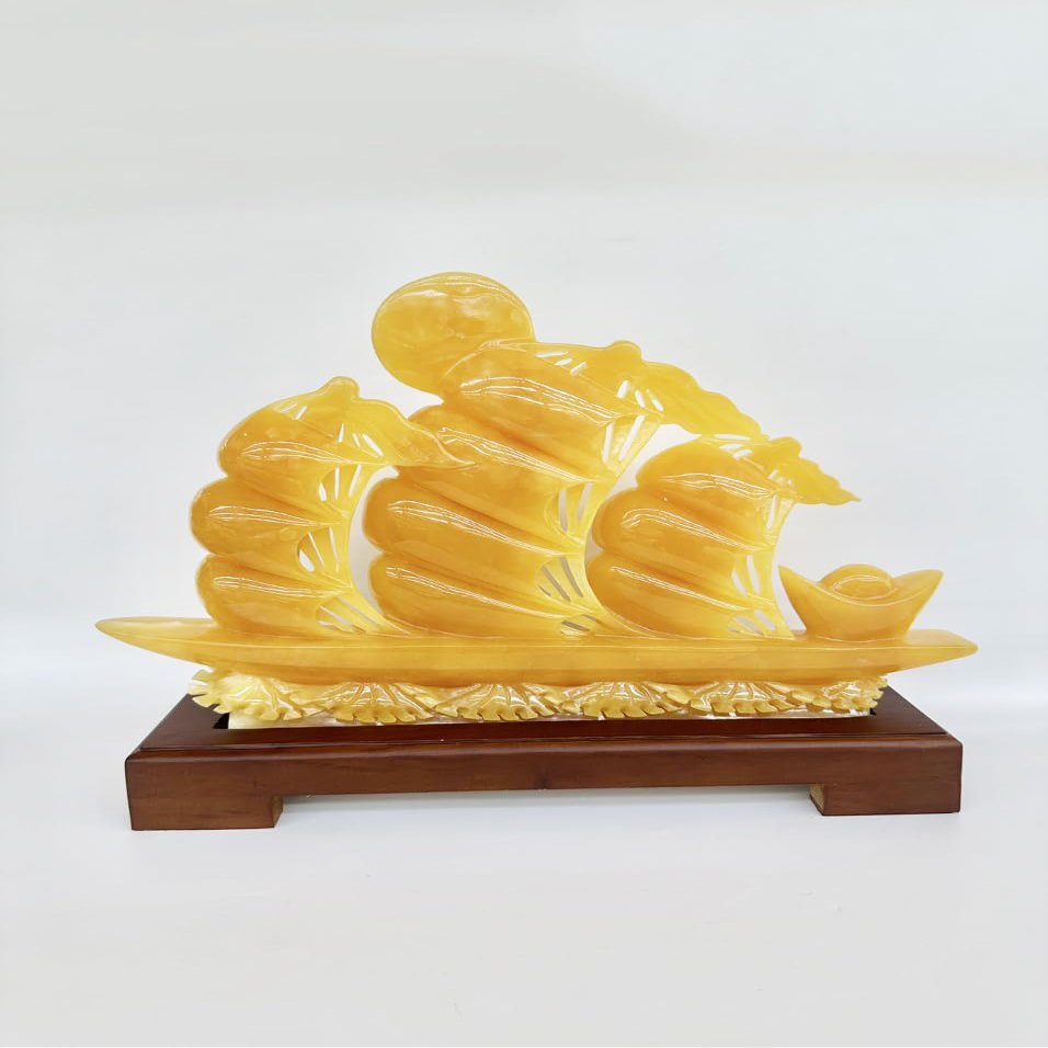 NATURAL MARBLE SHOP Yellow Onyx Marble Sailing Ship Statue Feng Shui Decoration of Wealth and Prosperity, Decorations for Living Room, Home and Office