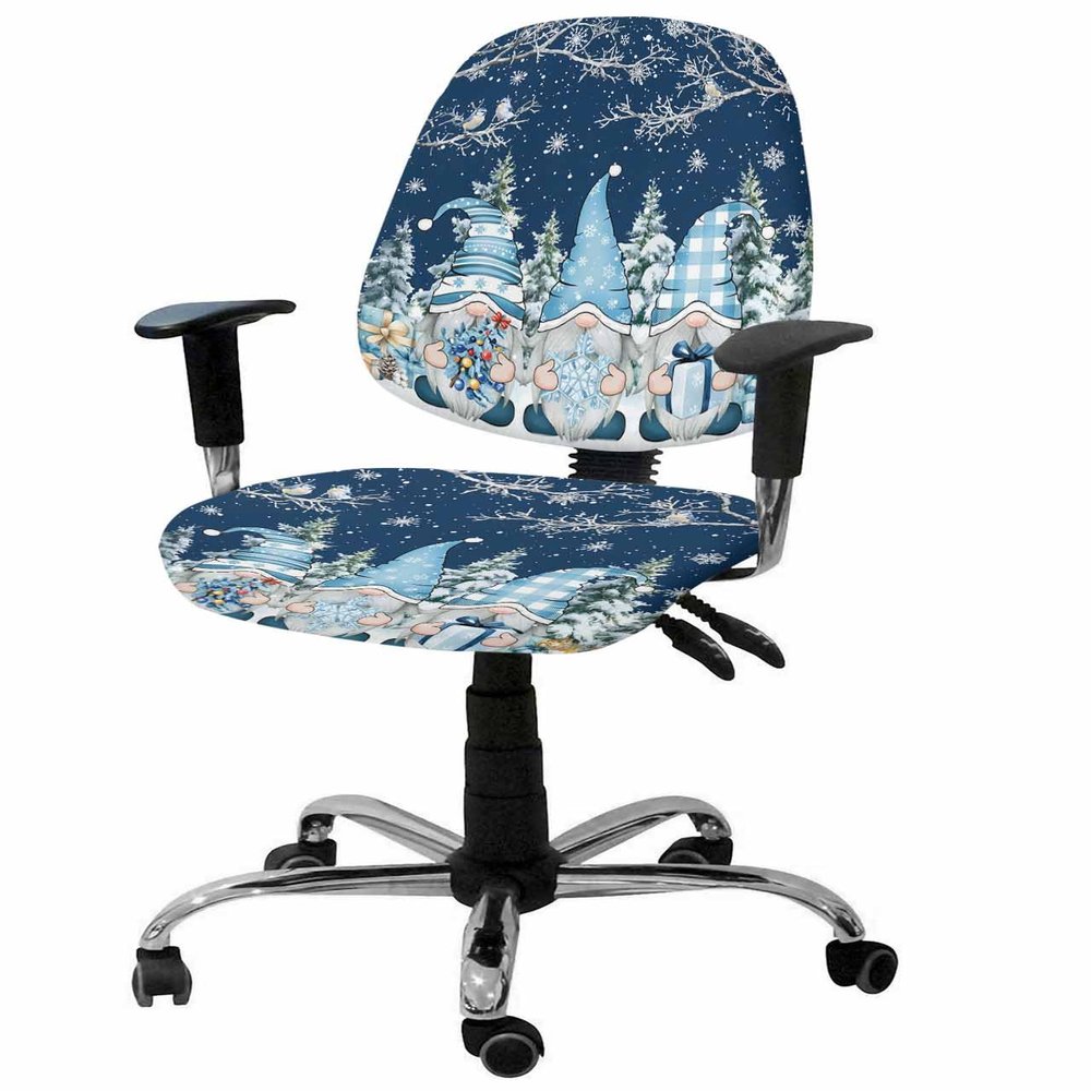 AMZRicher Christmas Office Chair Cover Stretchable Computer Chair Seat Cover Backrest Slipcovers, Stretchable Rotating Desk Chair Seat Cushion Split Protectors Forest Winter Gnomes Snowflake Blue