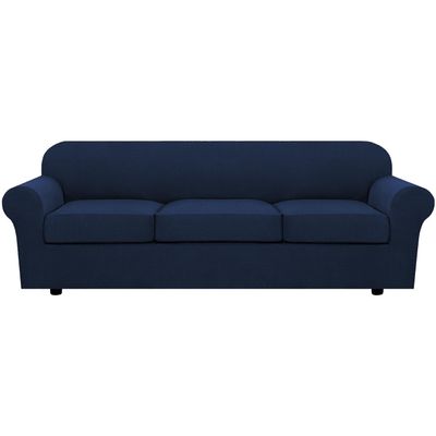 4 Piece Stretch Sofa Covers for 3 Cushion Couch Covers Furniture Slipcovers for Living Room (1 Base Cover Plus 3 Seat Cushion Covers) Thicker Jacquard Fabric Cover (XL Sofa, Navy)