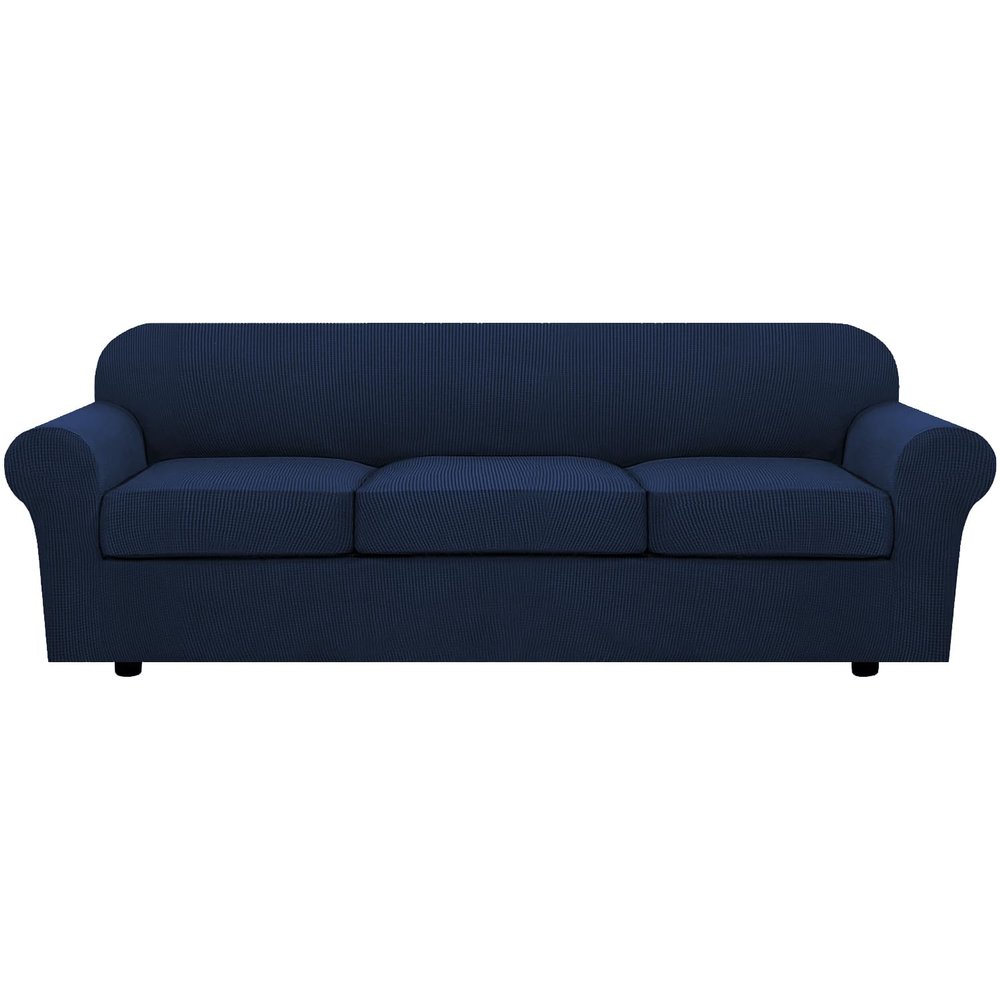 4 Piece Stretch Sofa Covers for 3 Cushion Couch Covers Furniture Slipcovers for Living Room (1 Base Cover Plus 3 Seat Cushion Covers) Thicker Jacquard Fabric Cover (XL Sofa, Navy)