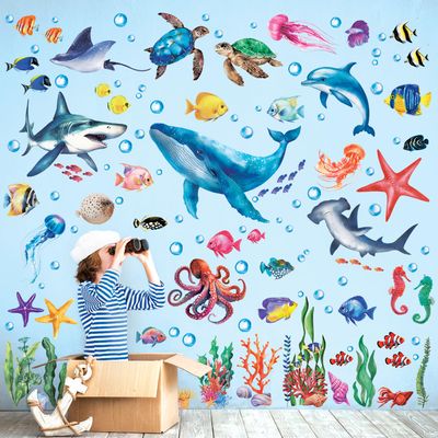DECOWALL DS12-8078 Sea Animals Wall Stickers Decals Baby Boys Bedroom Fish dcor Living Kids Nursery Ocean playroom Removable Room Seaweed Under Watercolor