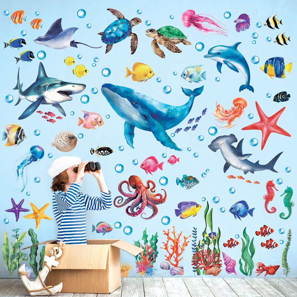 DECOWALL DS12-8078 Sea Animals Wall Stickers Decals Baby Boys Bedroom Fish dcor Living Kids Nursery Ocean playroom Removable Room Seaweed Under Watercolor