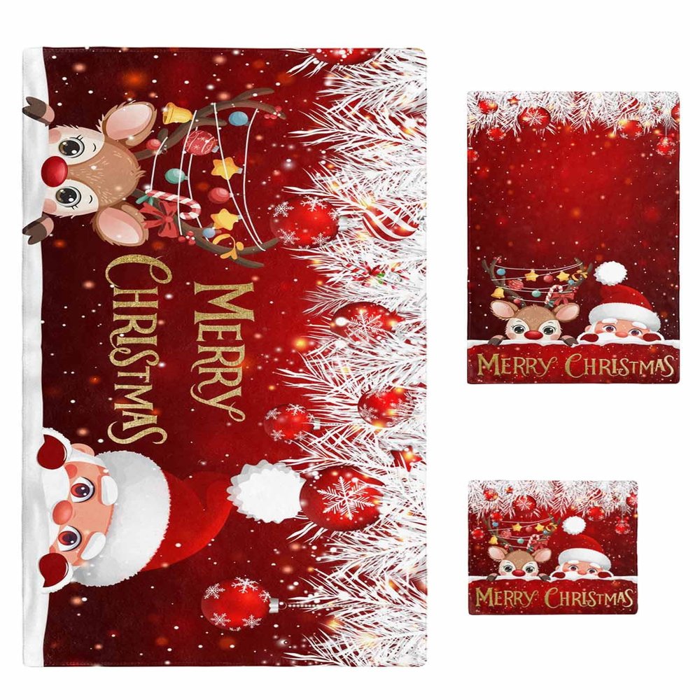 Christmas Bath Towels Set of 3, Christmas Xmas Red Ball Santa Claus Elk Pine Needle Red Bathroom Towels Set,Soft Absorbent Bath Towel Hand Towel Washcloth Decorative Towels for Bathroom kitchen