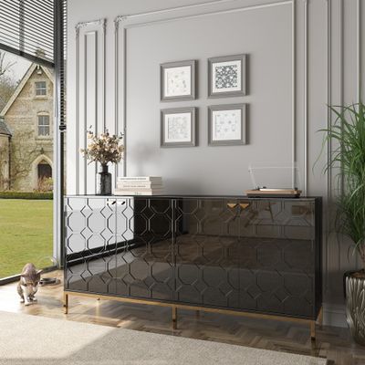Clihome 64'' Sideboard Buffet Cabinet, Storage Cabinet Accent Storage Credenzas Console Table with 4 Doors and 2 Adjustable Shelves for Kitchen Bedroom Living Room Office, Black