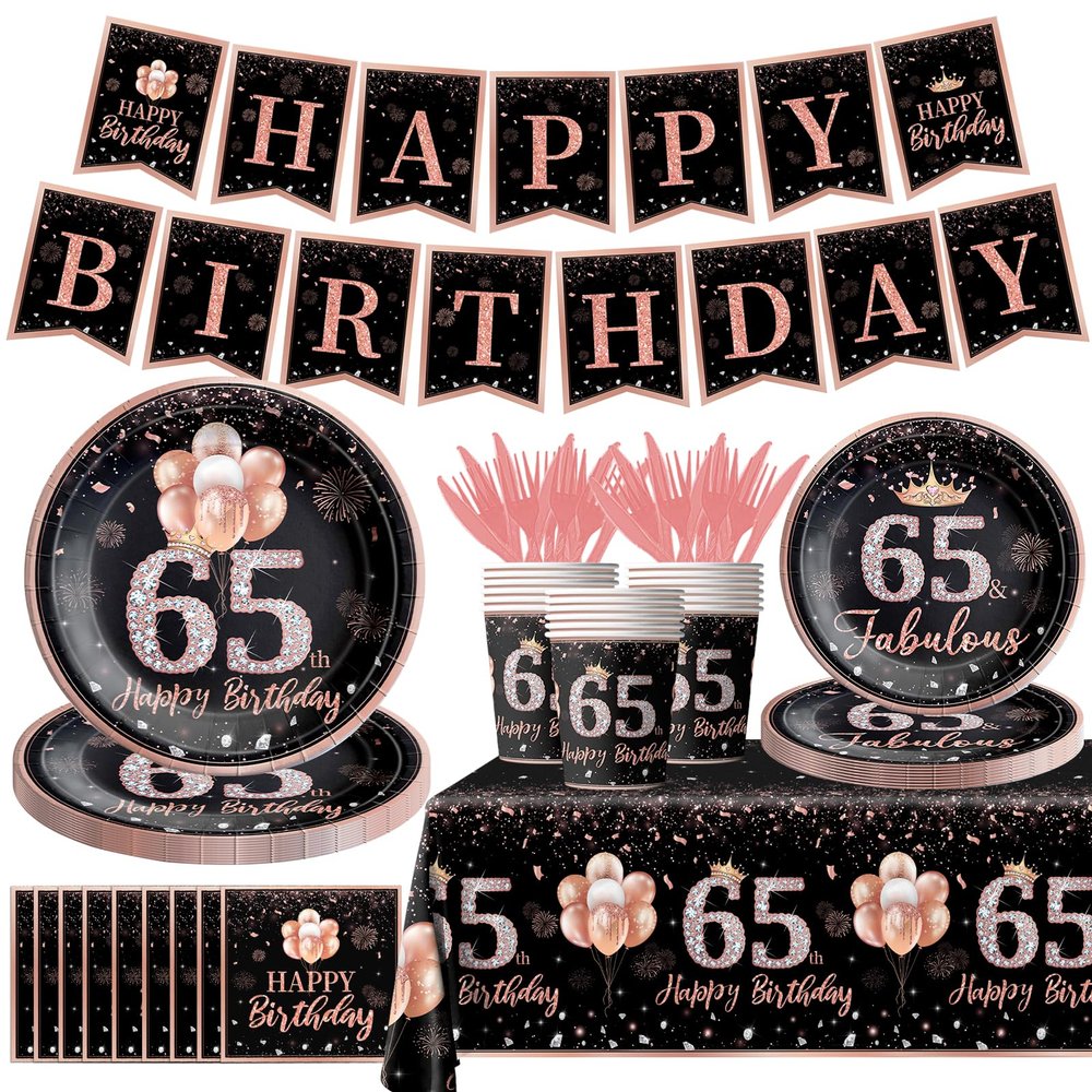 142Pcs 65th Birthday Tableware Decorations for Women Rose Gold Happy 65 Birthday Themed Tableware Set Disposable Tablecloth,Plates,Napkins,Cups,Forks and Knives of 65 Years Old Birthday Party