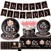 142Pcs 65th Birthday Tableware Decorations for Women Rose Gold Happy 65 Birthday Themed Tableware Set Disposable Tablecloth,Plates,Napkins,Cups,Forks and Knives of 65 Years Old Birthday Party view 1