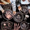 142Pcs 65th Birthday Tableware Decorations for Women Rose Gold Happy 65 Birthday Themed Tableware Set Disposable Tablecloth,Plates,Napkins,Cups,Forks and Knives of 65 Years Old Birthday Party view 4
