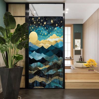 Abstract Natural Mountain Stained Glass Window Film Fantasy Night Scene Painting Privacy Window Film Glass Door Covering Non-Adhesive Window Stickers for Bathroom Kitchen 31.5Wx55.1L