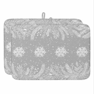 Christmas Dish Drying Mat for Kitchen Counter, Absorbent Reversible Dish Drainer Rack Mats for Coffee Bar Mats 16''x18'' 2 PCS Snowflakes Plants Pine Leaves Grey