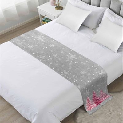 Abstract Christmas Tree Bed Runner for Cal. King Size Bed, Bedspread Protector Slipcover Bed Scarf for Foot Bed Runners & Scarves for Bedroom Wedding Room 94x20 Inches Blush Pink Xmas Snowflake Grey