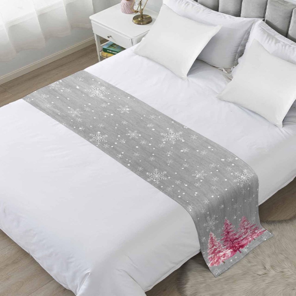 Abstract Christmas Tree Bed Runner for Cal. King Size Bed, Bedspread Protector Slipcover Bed Scarf for Foot Bed Runners & Scarves for Bedroom Wedding Room 94x20 Inches Blush Pink Xmas Snowflake Grey
