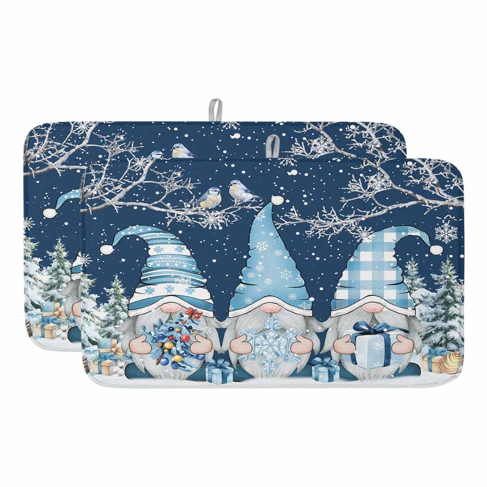 Christmas Dish Drying Mat for Kitchen Counter, Absorbent Reversible Dish Drainer Rack Mats for Coffee Bar Mats 18''x24'' 2 PCS Forest Winter Gnomes Snowflake Blue
