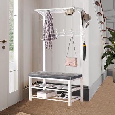 Metal Coat Rack with Shoe Bench and Hook, Multifunctional Entry Bench with Coat Rack, Easy to Assemble for Living Room, Hallway 80/100 * 33 * 172CM, White Grey
