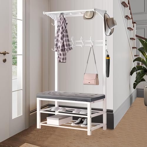 Metal Coat Rack with Shoe Bench and Hook, Multifunctional Entry Bench with Coat Rack, Easy to Assemble for Living Room, Hallway 80/100 * 33 * 172CM, White Grey