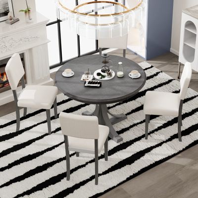 Brabrety 5-Piece Retro Round Dining Table Set with Curved Trestle Style Table Legs and 4 Upholstered Chairs for Dining Room,Suitable for Kitchen or Dining Room Living Room. (Dark Gray@7)