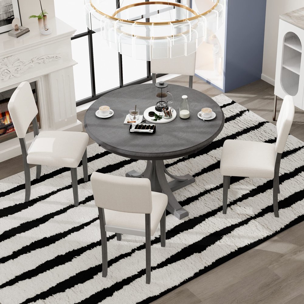 Brabrety 5-Piece Retro Round Dining Table Set with Curved Trestle Style Table Legs and 4 Upholstered Chairs for Dining Room,Suitable for Kitchen or Dining Room Living Room. (Dark Gray@7)