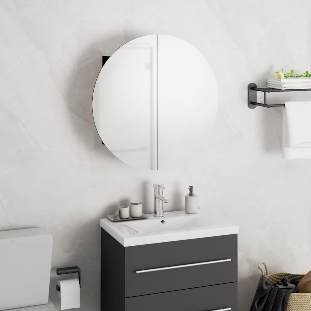 FAMIROSA Bathroom Cabinet with Round Mirror&LED Black 15.7"x15.7"x6.9",11.04 KG,345580
