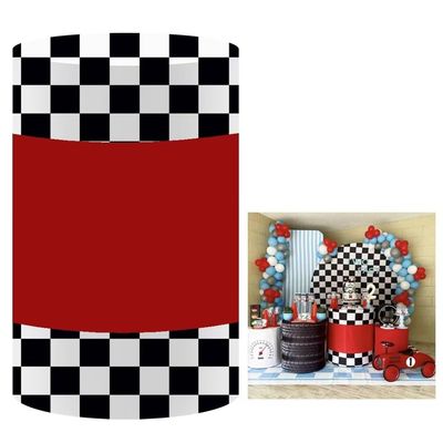 Aerdce Black and White Checkered Cylinder Pedestal Table Covers for Racing Party Stretchy Plinth Cover Birthday Decoration Supplies