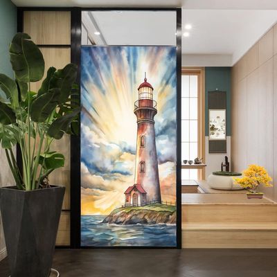 Classical Red Lighthouse Window Privacy Film Watercolor Ocean Vintage Stained Glass Window Film Sun Blocking Heat Control Decorative Window Covering Film for Home Office 23.6Wx35.4L